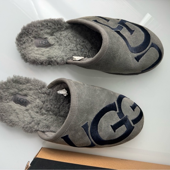 UGG Scuff Logo Slippers | Men’s 13 | Grey/Navy Blue | Suede & Sheepskin Insole - Picture 14 of 16